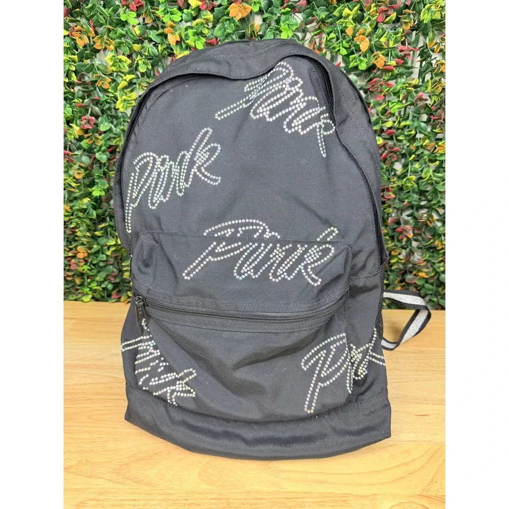 Victorias Secret PINK Black Rhinestone Logo Backpack Glitter Strap School Bag